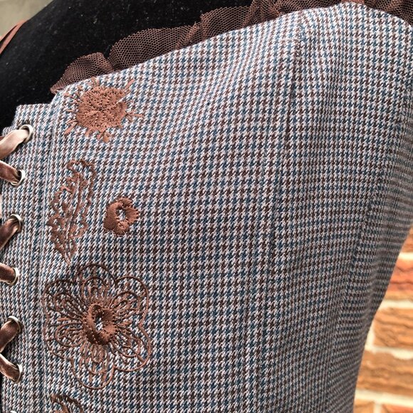 NY&Co Lace-Up Corset Top Embroidered Brown Plaid Bustier Size L - Picture 4 of 10